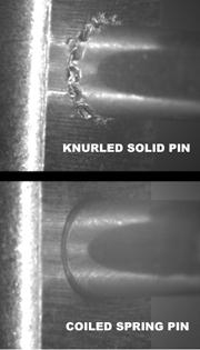 Copeaux métalliques et dommages sur les sous-ensembles avec la goupille pleine moletée par rapport à une installation propre avec la goupille spiralée