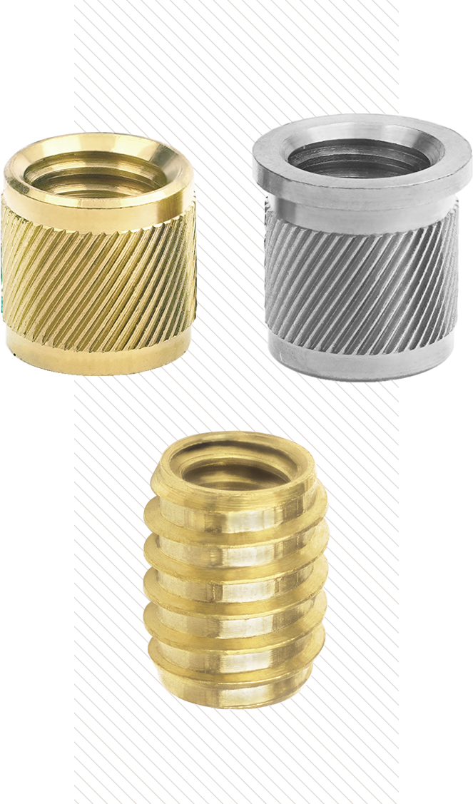 Figure 6 : Inserts à Enfoncer SPIROL Séries 50 (en haut à gauche) et 51 (en haut à droite) et Insert Autotaraudeur SPIROL Série 10 (en bas)