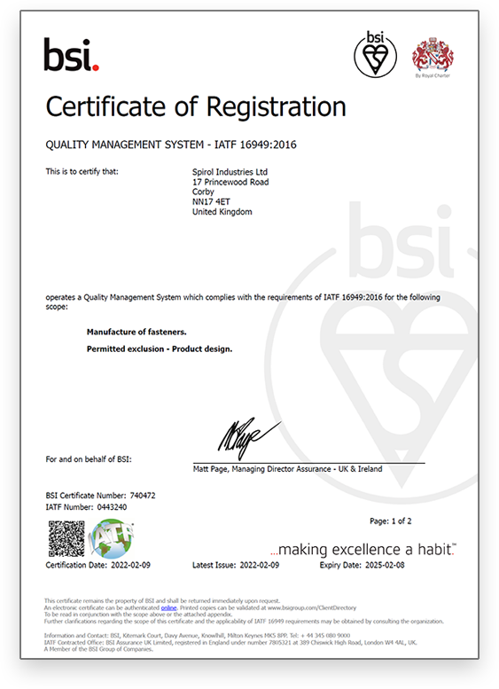 La certification IATF 16949 de SPIROL UK